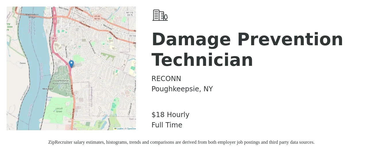 RECONN job posting for a Damage Prevention Technician in Poughkeepsie, NY with a salary of $19 Hourly with a map of Poughkeepsie location.