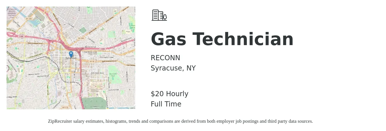 RECONN job posting for a Gas Technician in Syracuse, NY with a salary of $19 Hourly with a map of Syracuse location.