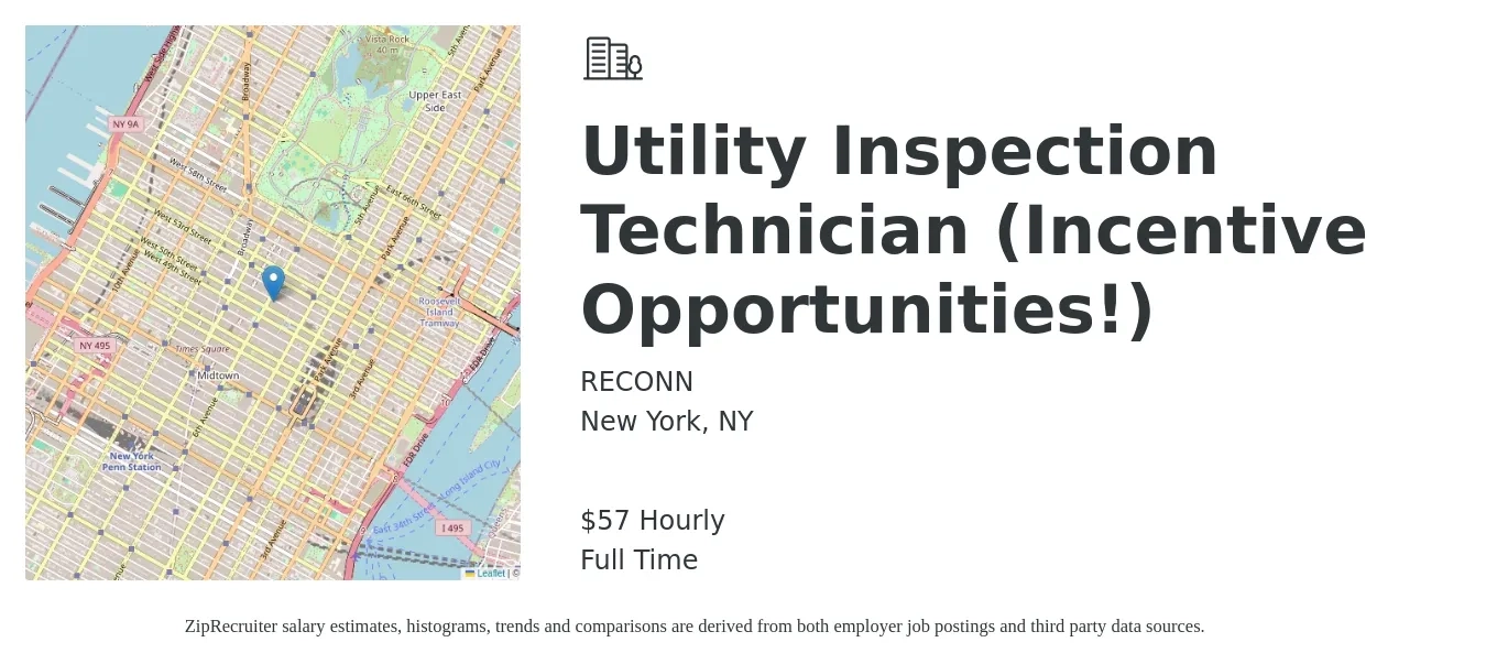 RECONN job posting for a Utility Inspection Technician (Incentive Opportunities!) in New York, NY with a salary of $60 Hourly with a map of New York location.