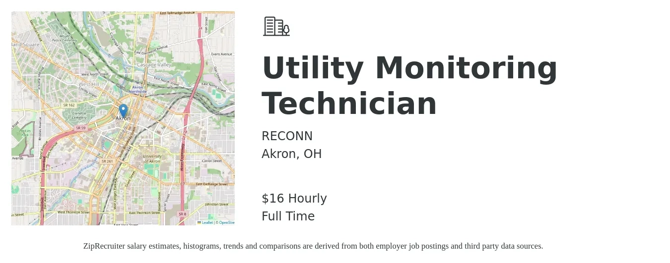 RECONN job posting for a Utility Monitoring Technician in Akron, OH with a salary of $17 Hourly with a map of Akron location.