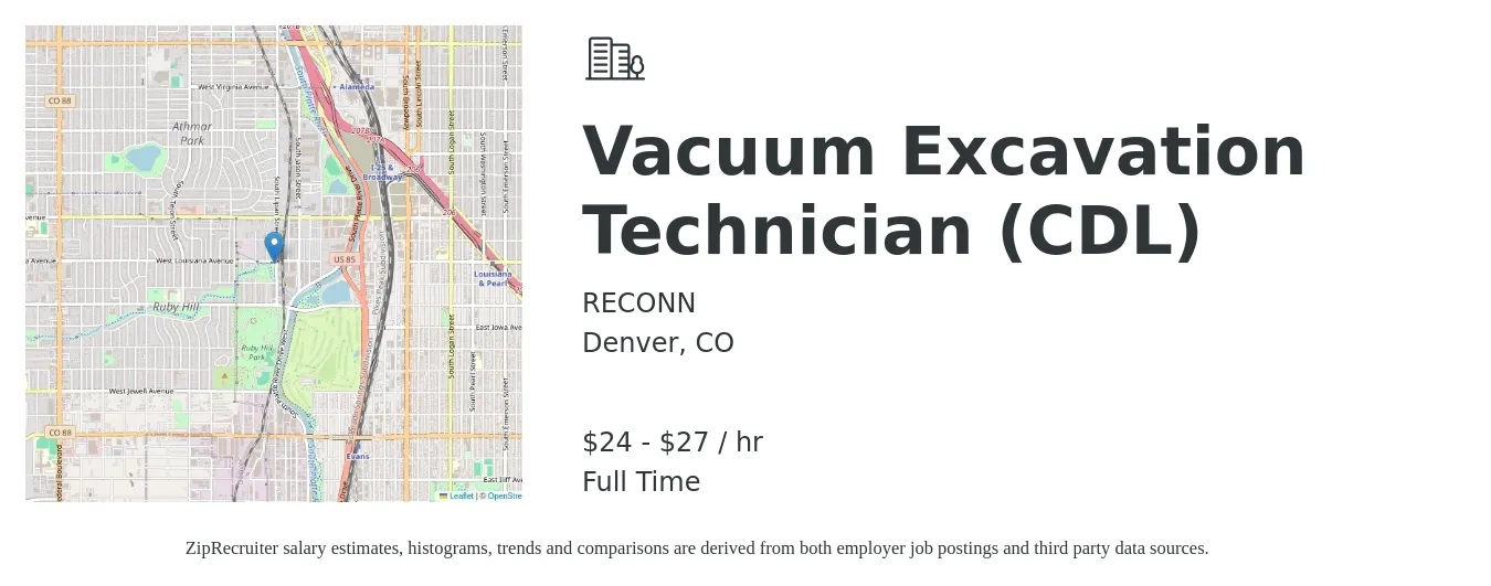 RECONN job posting for a Vacuum Excavation Technician (CDL) in Denver, CO with a salary of $25 to $29 Hourly with a map of Denver location.