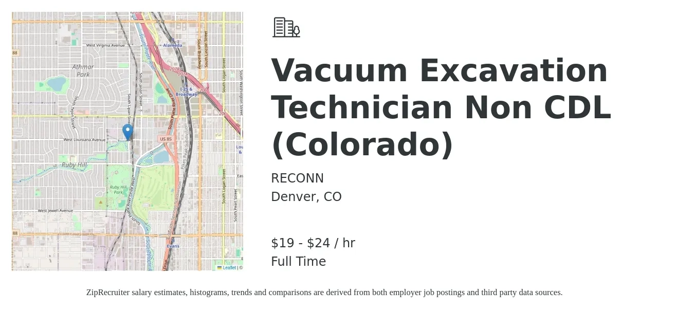 RECONN job posting for a Vacuum Excavation Technician Non CDL (Colorado) in Denver, CO with a salary of $20 to $25 Hourly with a map of Denver location.