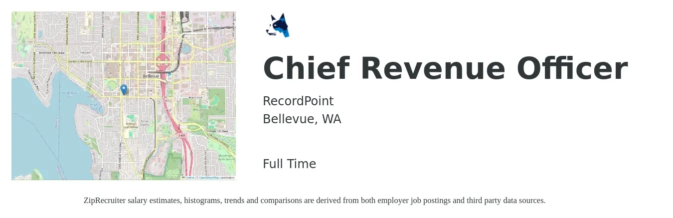 RecordPoint job posting for a Chief Revenue Officer in Bellevue, WA with a salary of $125,100 to $207,600 Yearly with a map of Bellevue location.