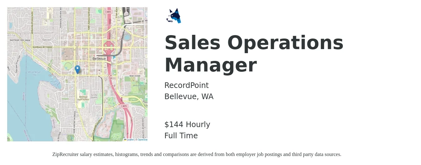 RecordPoint job posting for a Sales Operations Manager in Bellevue, WA with a salary of $150 Hourly with a map of Bellevue location.