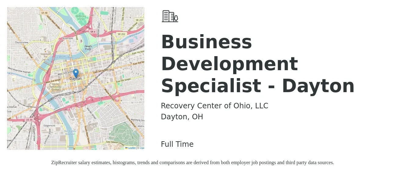 Recovery Center of Ohio, LLC job posting for a Business Development Specialist - Dayton in Dayton, OH with a salary of $45,600 to $76,200 Yearly with a map of Dayton location.