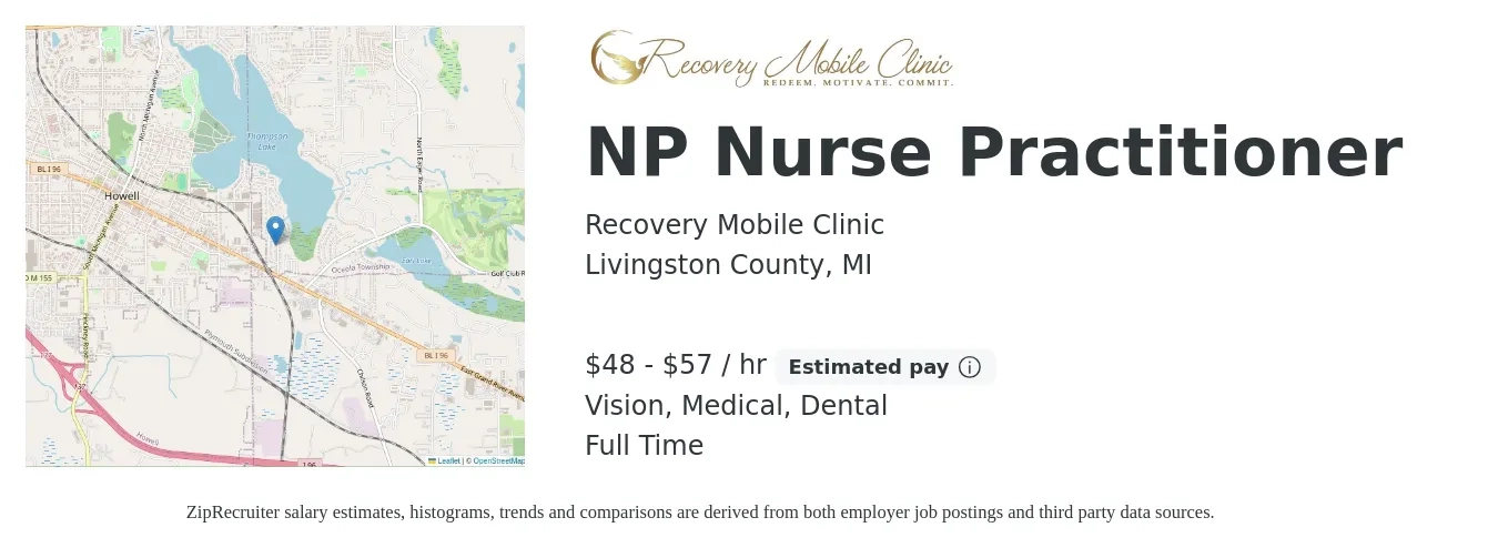 Recovery Mobile Clinic job posting for a NP Nurse Practitioner in Livingston County, MI with a salary of $50 to $60 Hourly and benefits including dental, medical, pto, retirement, and vision with a map of Livingston County location.
