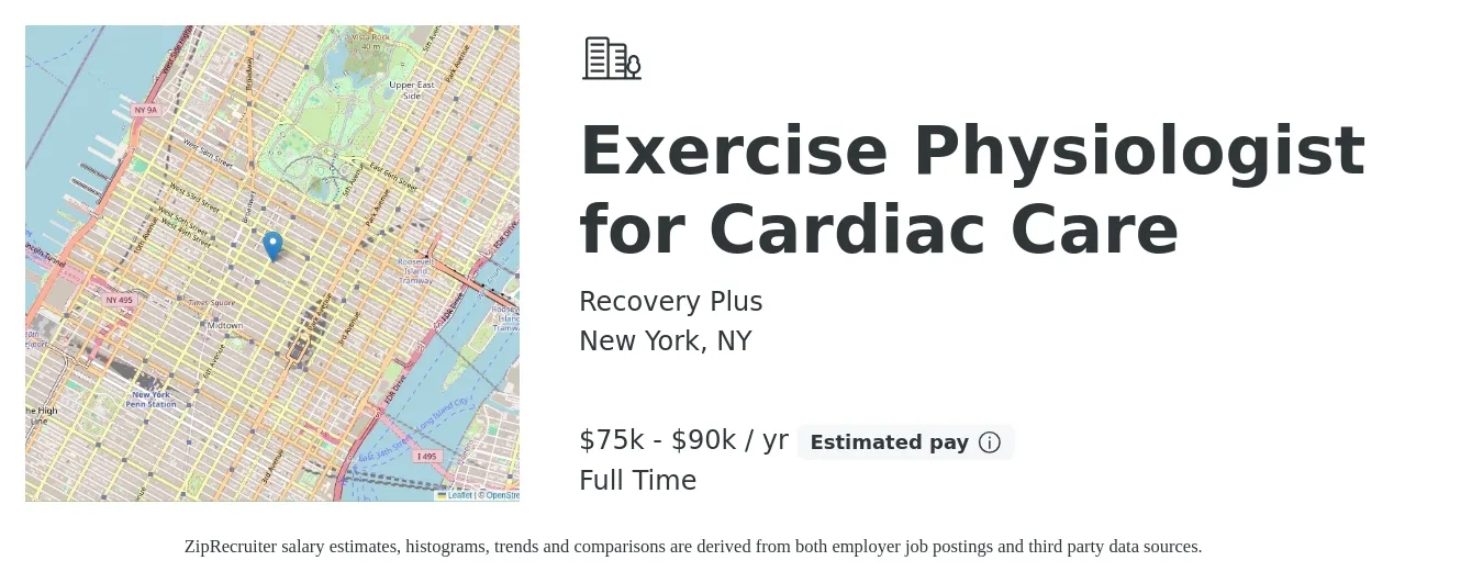 Recovery Plus job posting for a Exercise Physiologist for Cardiac Care in New York, NY with a salary of $75,000 to $90,000 Yearly with a map of New York location.