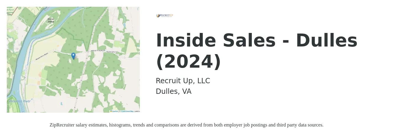 Recruit Up, LLC job posting for a Inside Sales - Dulles (2024) in Dulles, VA with a salary of $39,600 to $59,200 Yearly with a map of Dulles location.