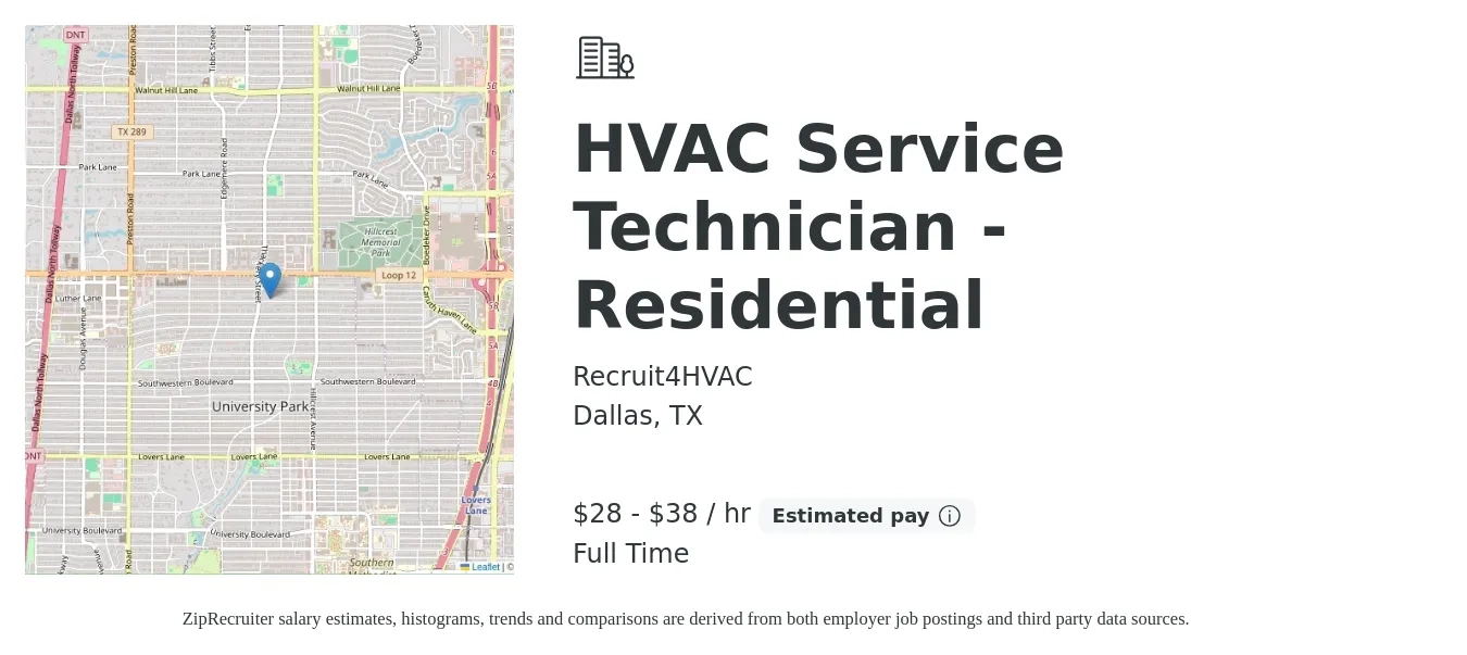 Recruit4HVAC job posting for a HVAC Service Technician - Residential in Dallas, TX with a salary of $30 to $40 Hourly with a map of Dallas location.