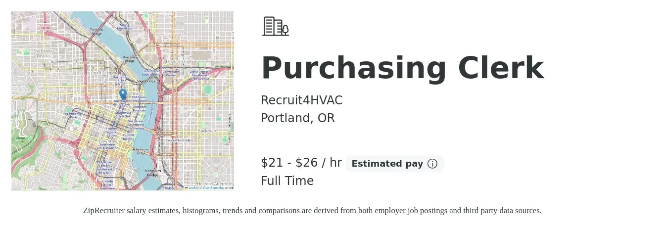 Recruit4HVAC job posting for a Purchasing Clerk in Portland, OR with a salary of $22 to $28 Hourly with a map of Portland location.