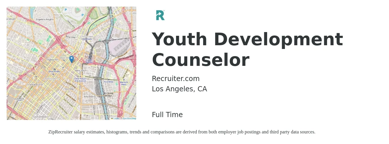 Recruiter.com job posting for a Youth Development Counselor in Los Angeles, CA with a salary of $17 to $22 Hourly with a map of Los Angeles location.
