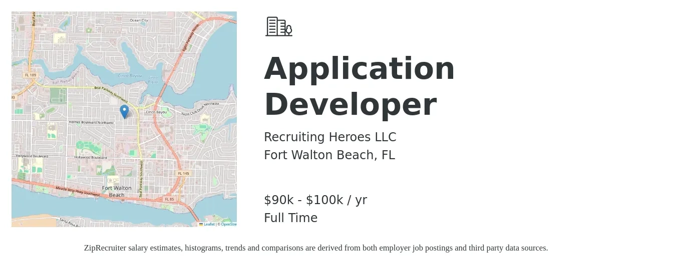Recruiting Heroes LLC job posting for a Application Developer in Fort Walton Beach, FL with a salary of $90,000 to $100,000 Yearly with a map of Fort Walton Beach location.