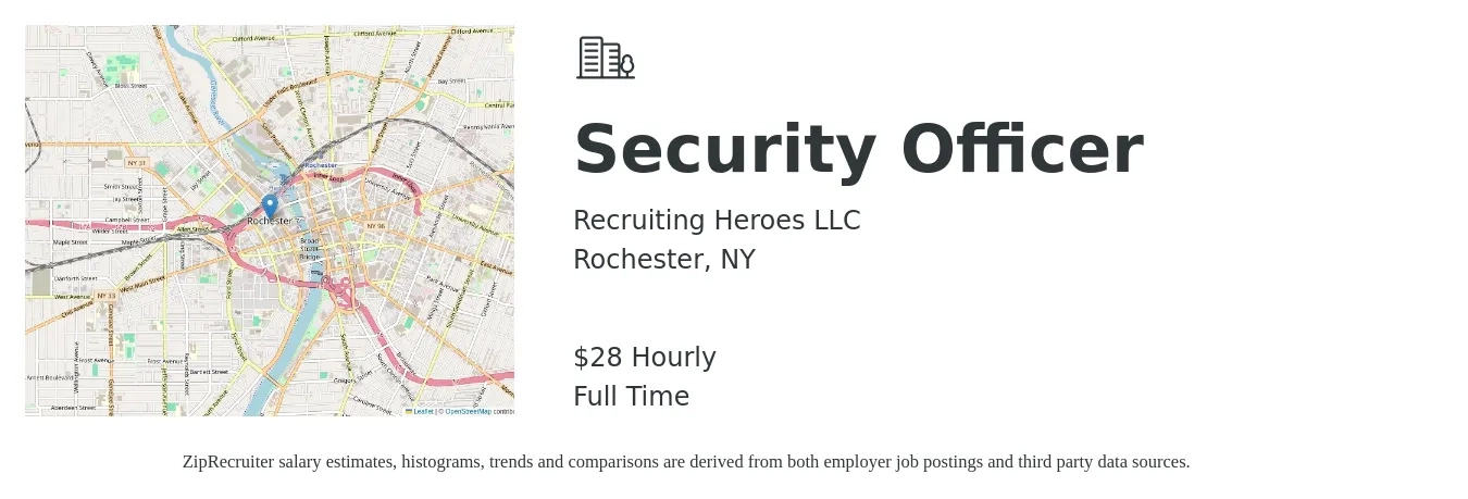 Recruiting Heroes LLC job posting for a Security Officer in Rochester, NY with a salary of $30 Hourly with a map of Rochester location.