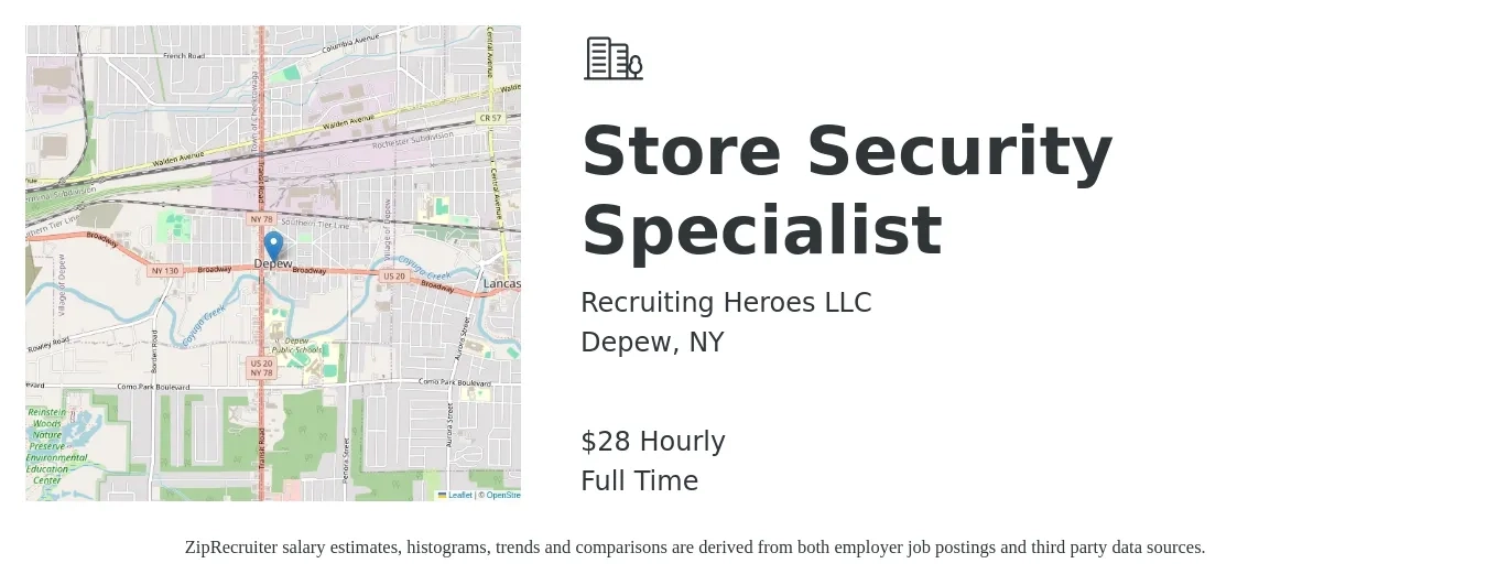 Recruiting Heroes LLC job posting for a Store Security Specialist in Depew, NY with a salary of $30 Hourly with a map of Depew location.