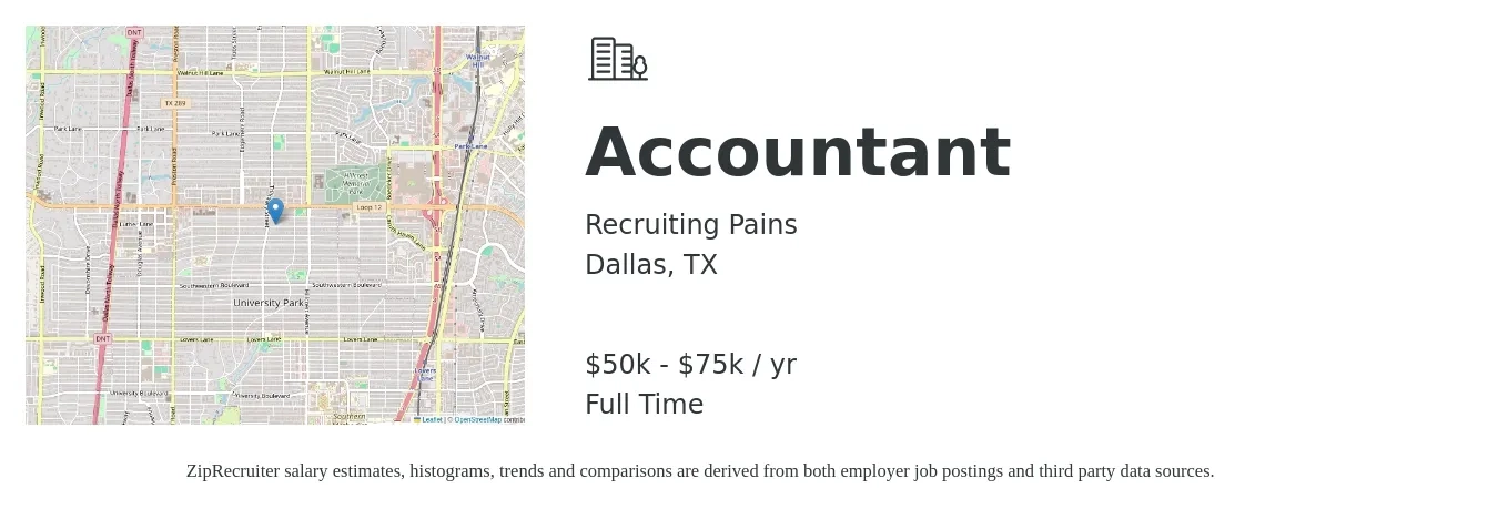 Recruiting Pains job posting for a Accountant in Dallas, TX with a salary of $50,000 to $75,000 Yearly with a map of Dallas location.