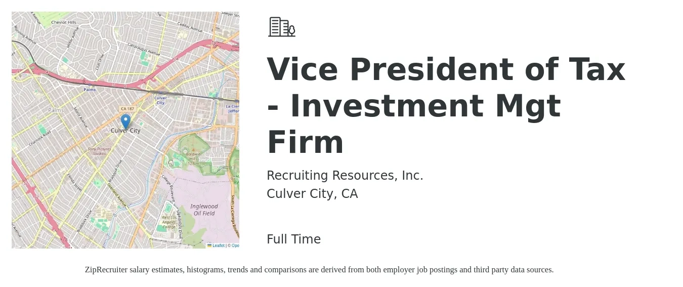Recruiting Resources, Inc. job posting for a Vice President of Tax - Investment Mgt Firm in Culver City, CA with a salary of $121,500 to $159,200 Yearly with a map of Culver City location.