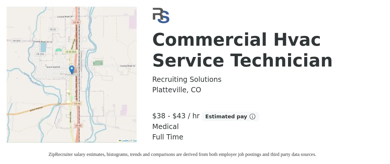 Recruiting Solutions job posting for a Commercial Hvac Service Technician in Platteville, CO with a salary of $40 to $45 Hourly and benefits including medical, and retirement with a map of Platteville location.