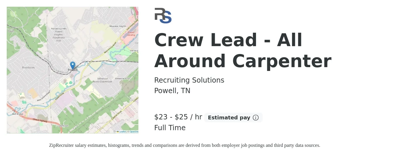 Recruiting Solutions job posting for a Crew Lead - All Around Carpenter in Powell, TN with a salary of $24 to $26 Hourly and benefits including pto with a map of Powell location.