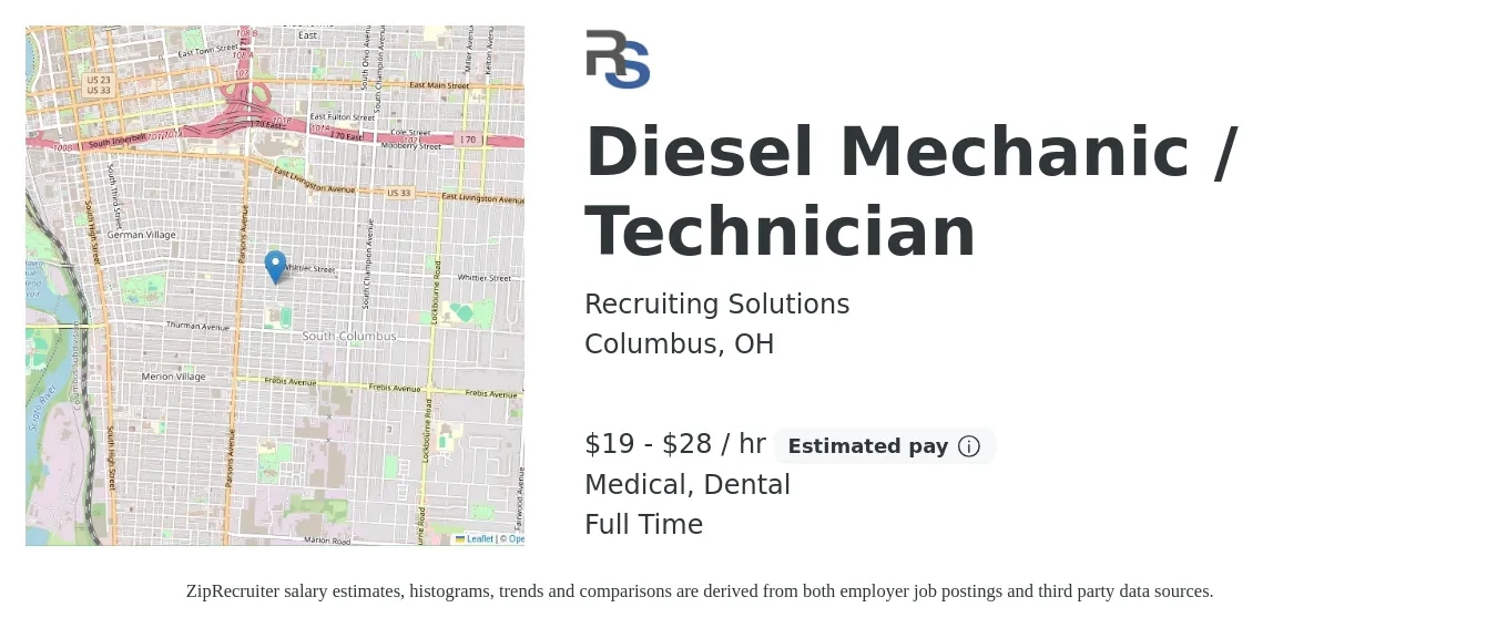 Recruiting Solutions job posting for a Diesel Mechanic / Technician in Columbus, OH with a salary of $20 to $30 Hourly and benefits including medical, pto, retirement, dental, and life_insurance with a map of Columbus location.
