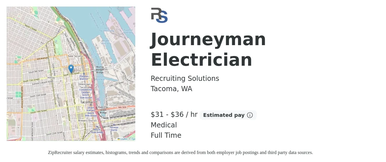 Recruiting Solutions job posting for a Journeyman Electrician in Tacoma, WA with a salary of $33 to $38 Hourly and benefits including medical, and retirement with a map of Tacoma location.