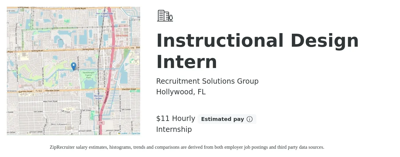 Recruitment Solutions Group job posting for a Instructional Design Intern in Hollywood, FL with a salary of $12 Hourly with a map of Hollywood location.