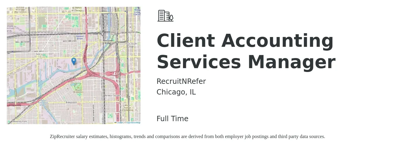 RecruitNRefer job posting for a Client Accounting Services Manager in Chicago, IL with a salary of $80,400 to $115,400 Yearly with a map of Chicago location.