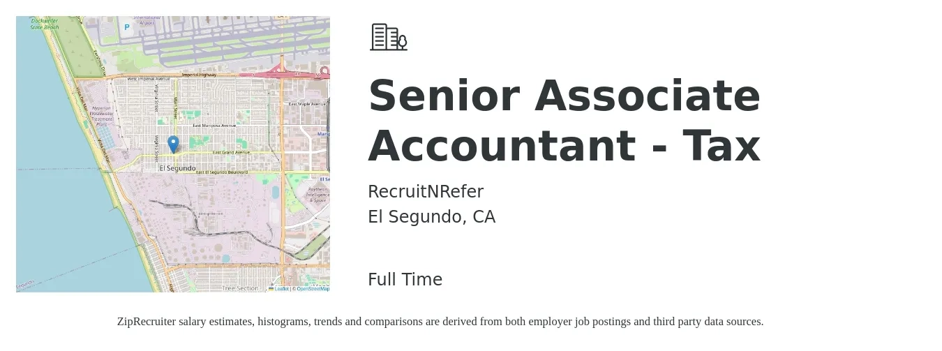 RecruitNRefer job posting for a Senior Associate Accountant - Tax in El Segundo, CA with a salary of $86,800 to $107,600 Yearly with a map of El Segundo location.