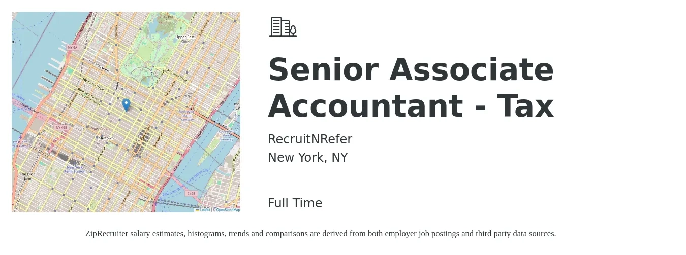 RecruitNRefer job posting for a Senior Associate Accountant - Tax in New York, NY with a salary of $89,200 to $110,500 Yearly with a map of New York location.