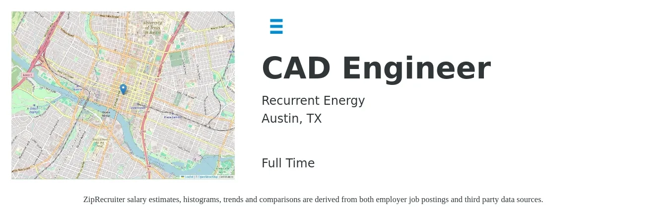 Recurrent Energy job posting for a CAD Engineer in Austin, TX with a salary of $68,300 to $116,500 Yearly with a map of Austin location.