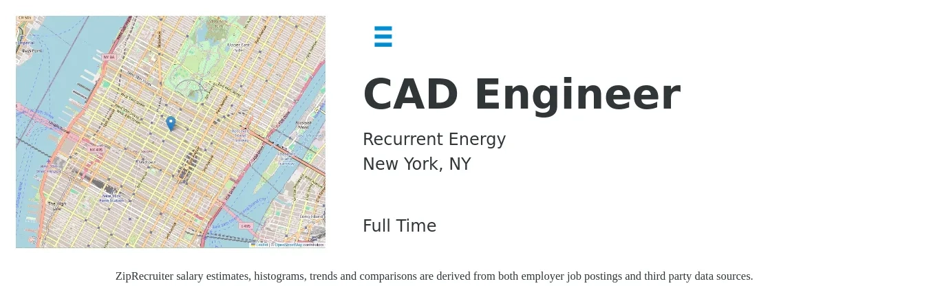 Recurrent Energy job posting for a CAD Engineer in New York, NY with a salary of $77,000 to $131,500 Yearly with a map of New York location.