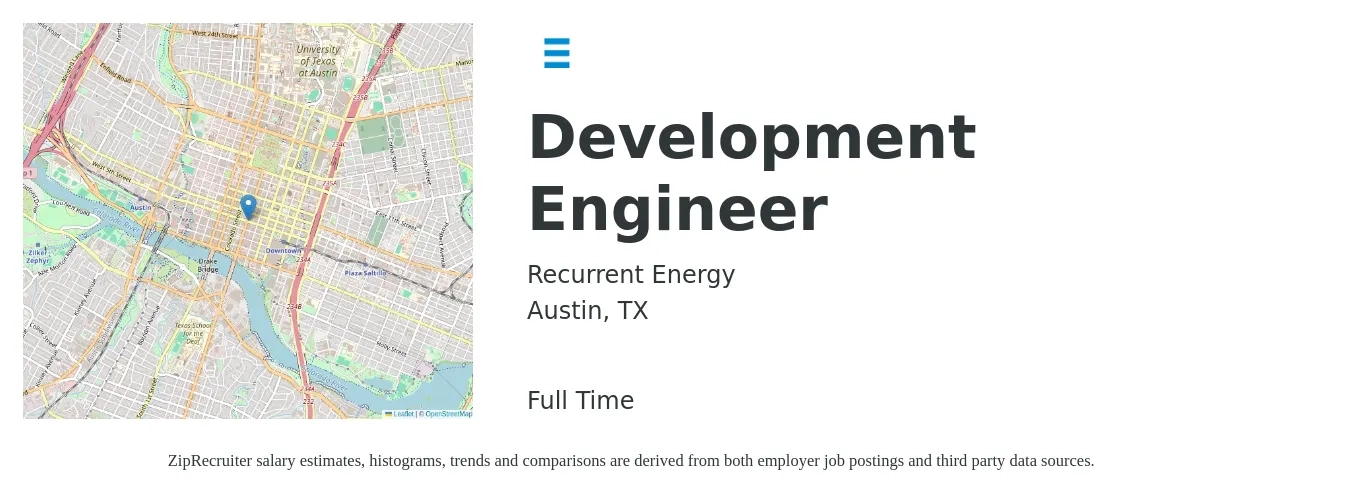 Recurrent Energy job posting for a Development Engineer in Austin, TX with a salary of $77,500 to $103,800 Yearly with a map of Austin location.