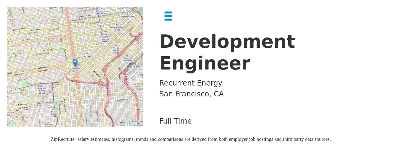 Recurrent Energy job posting for a Development Engineer in San Francisco, CA with a salary of $93,700 to $125,500 Yearly with a map of San Francisco location.