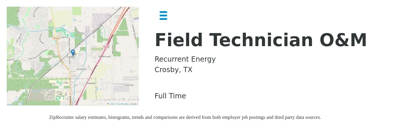 Recurrent Energy job posting for a Field Technician O&M in Crosby, TX with a salary of $21 to $32 Hourly with a map of Crosby location.
