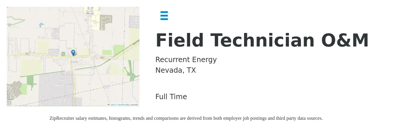Recurrent Energy job posting for a Field Technician O&M in Nevada, TX with a salary of $19 to $29 Hourly with a map of Nevada location.