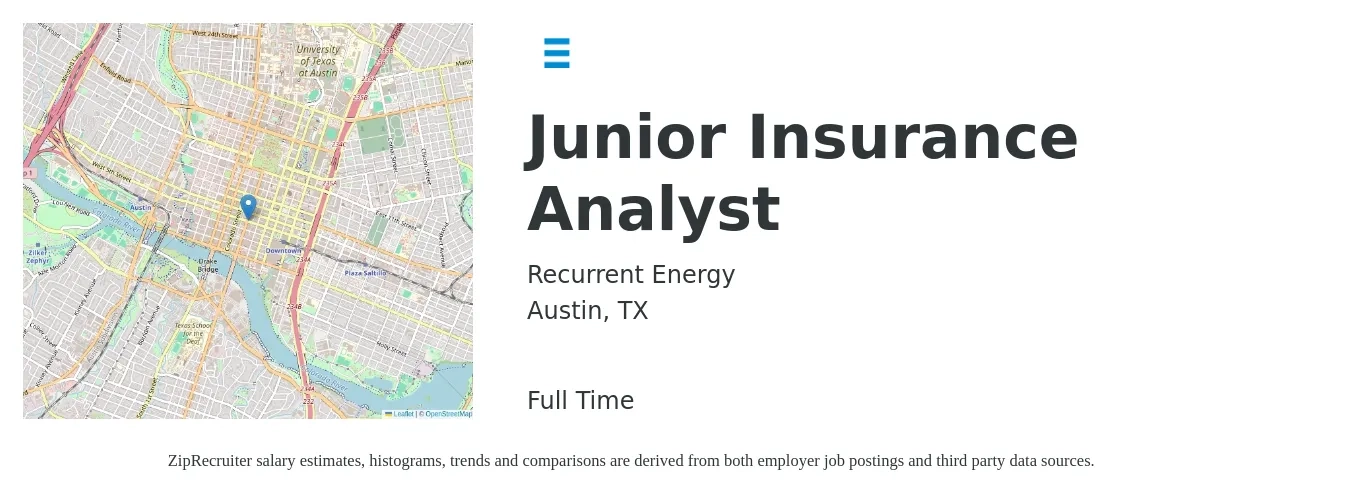 Recurrent Energy job posting for a Junior Insurance Analyst in Austin, TX with a salary of $24 to $36 Hourly with a map of Austin location.