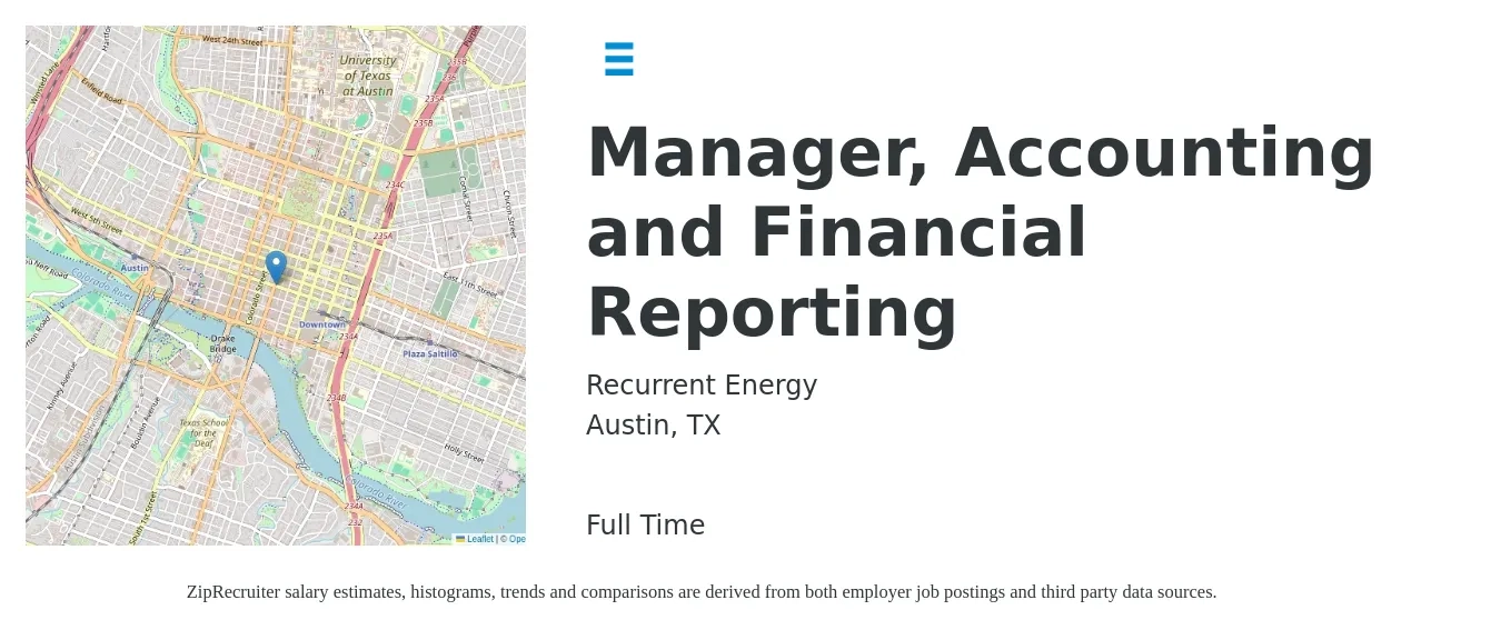 Recurrent Energy job posting for a Manager, Accounting and Financial Reporting in Austin, TX with a salary of $76,800 to $123,400 Yearly with a map of Austin location.