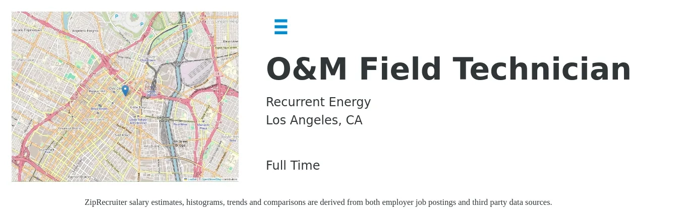 Recurrent Energy job posting for a O&M Field Technician in Los Angeles, CA with a salary of $22 to $34 Hourly with a map of Los Angeles location.