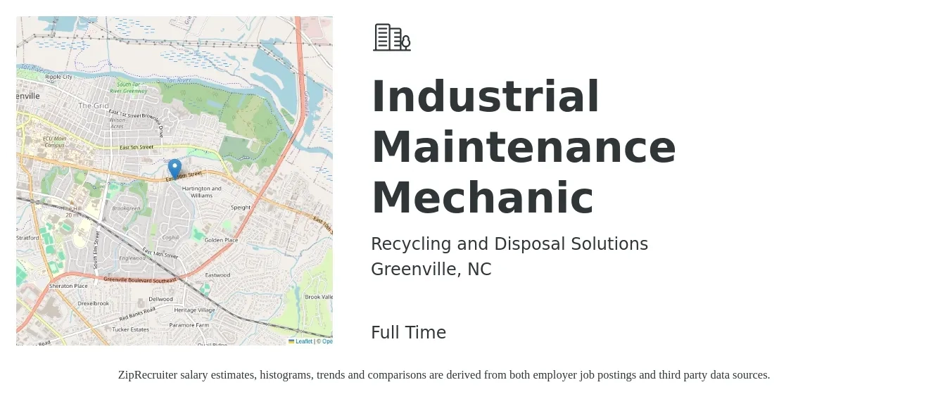 Recycling and Disposal Solutions job posting for a Industrial Maintenance Mechanic in Greenville, NC with a salary of $25 to $31 Hourly with a map of Greenville location.