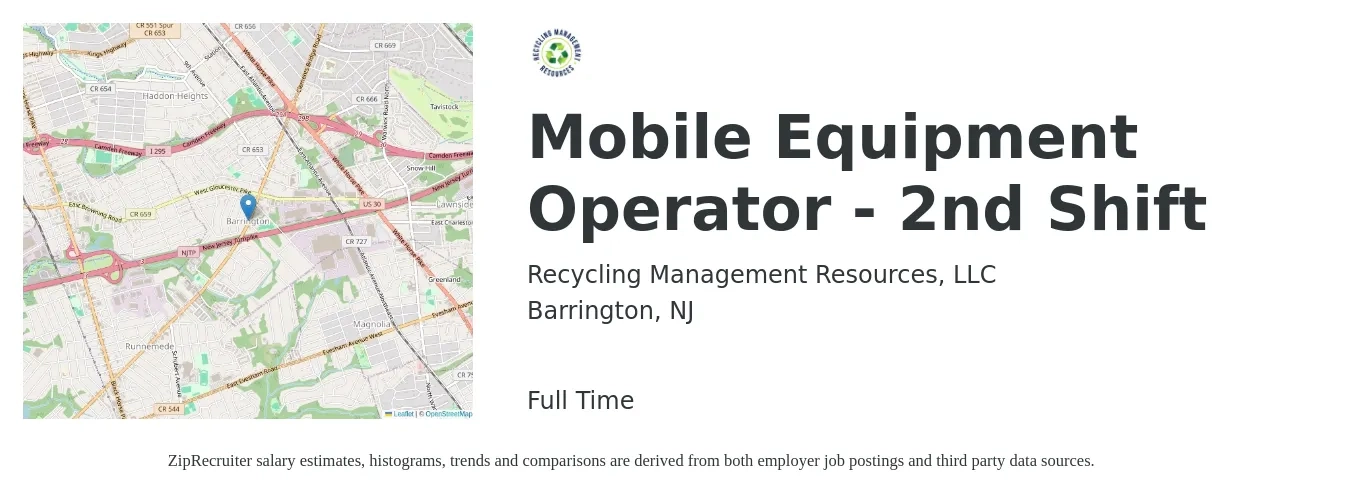 Recycling Management Resources, LLC job posting for a Mobile Equipment Operator - 2nd Shift in Barrington, NJ with a salary of $17 to $26 Hourly with a map of Barrington location.