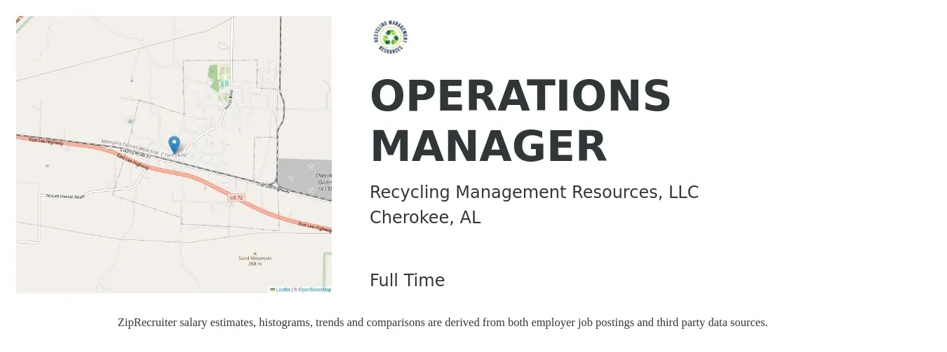 Recycling Management Resources, LLC job posting for a OPERATIONS MANAGER in Cherokee, AL with a salary of $36,600 to $69,200 Yearly with a map of Cherokee location.