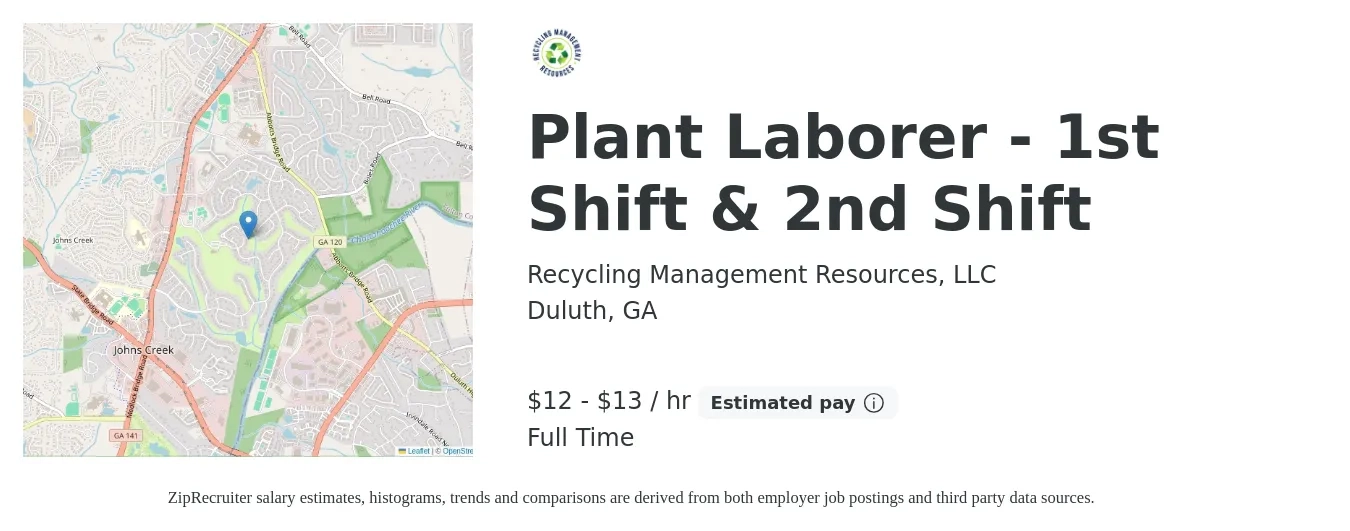 Recycling Management Resources, LLC job posting for a Plant Laborer - 1st Shift & 2nd Shift in Duluth, GA with a salary of $13 to $14 Hourly with a map of Duluth location.