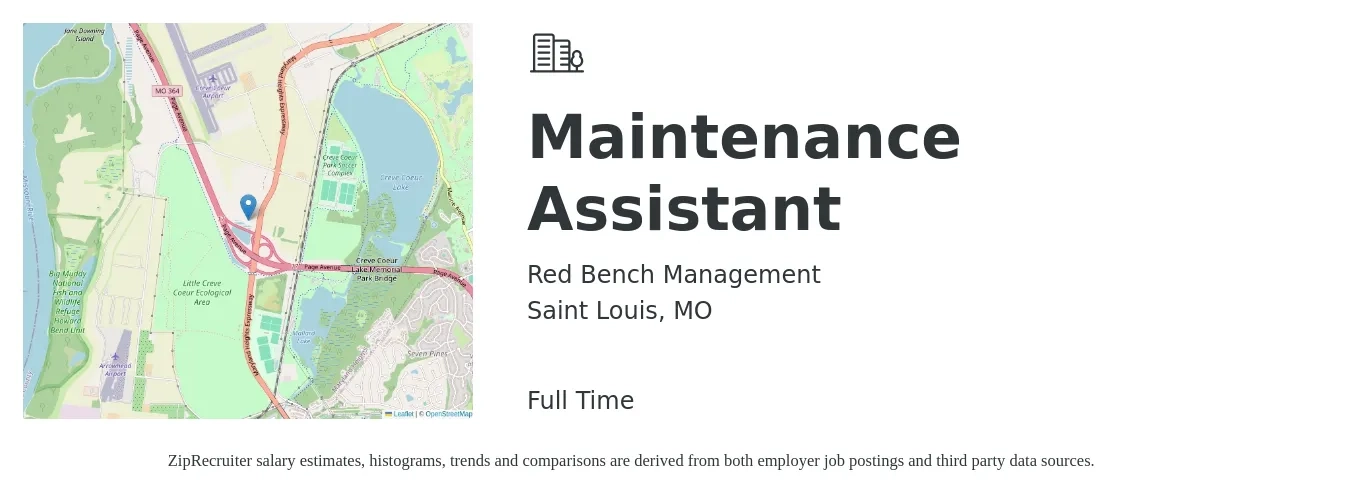 Red Bench Management job posting for a Maintenance Assistant in Saint Louis, MO with a salary of $15 to $19 Hourly with a map of Saint Louis location.