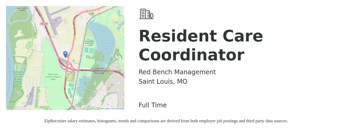 Red Bench Management job posting for a Resident Care Coordinator in Saint Louis, MO with a salary of $18 to $24 Hourly with a map of Saint Louis location.