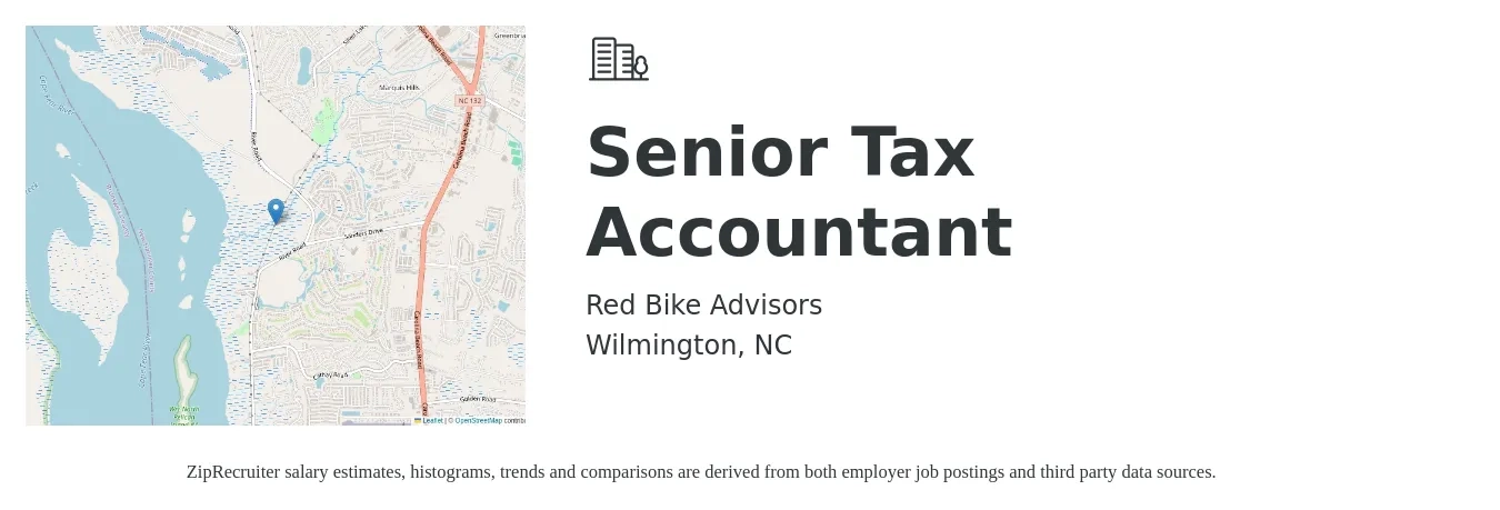 Red Bike Advisors job posting for a Senior Tax Accountant in Wilmington, NC with a salary of $70,400 to $90,100 Yearly with a map of Wilmington location.