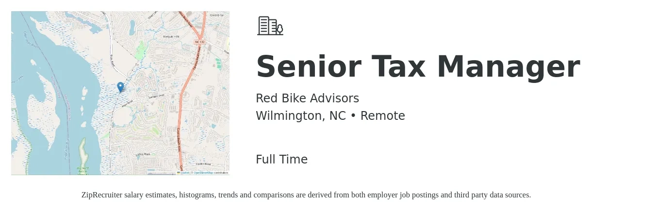 Red Bike Advisors job posting for a Senior Tax Manager in Wilmington, NC with a salary of $78,100 to $123,600 Yearly with a map of Wilmington location.