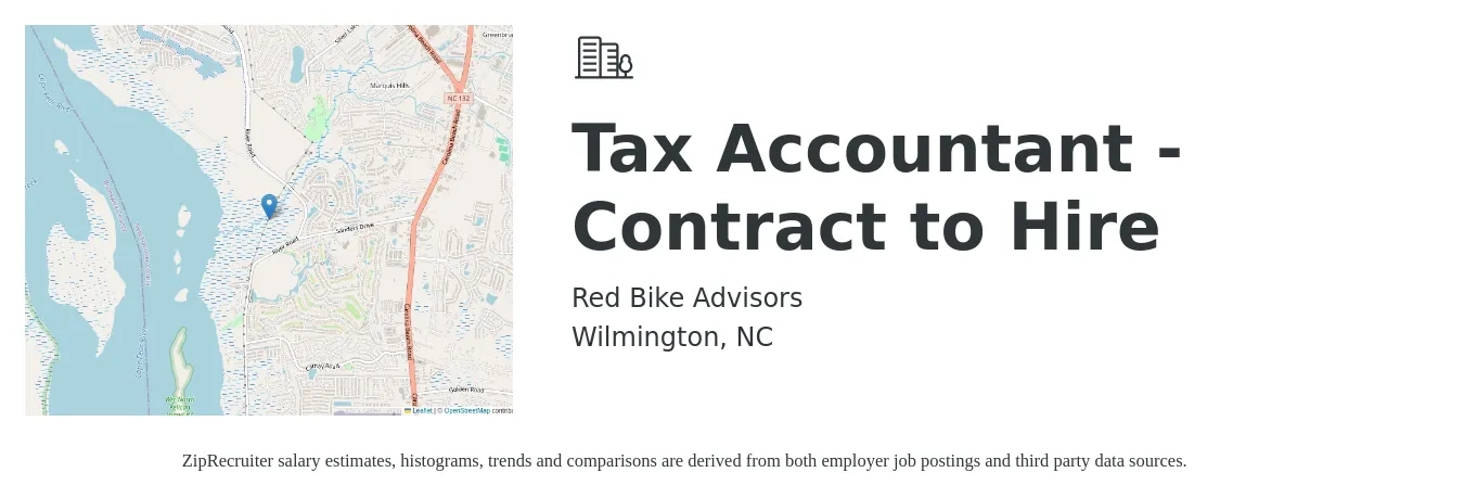 Red Bike Advisors job posting for a Tax Accountant - Contract to Hire in Wilmington, NC with a salary of $55,600 to $79,700 Yearly with a map of Wilmington location.