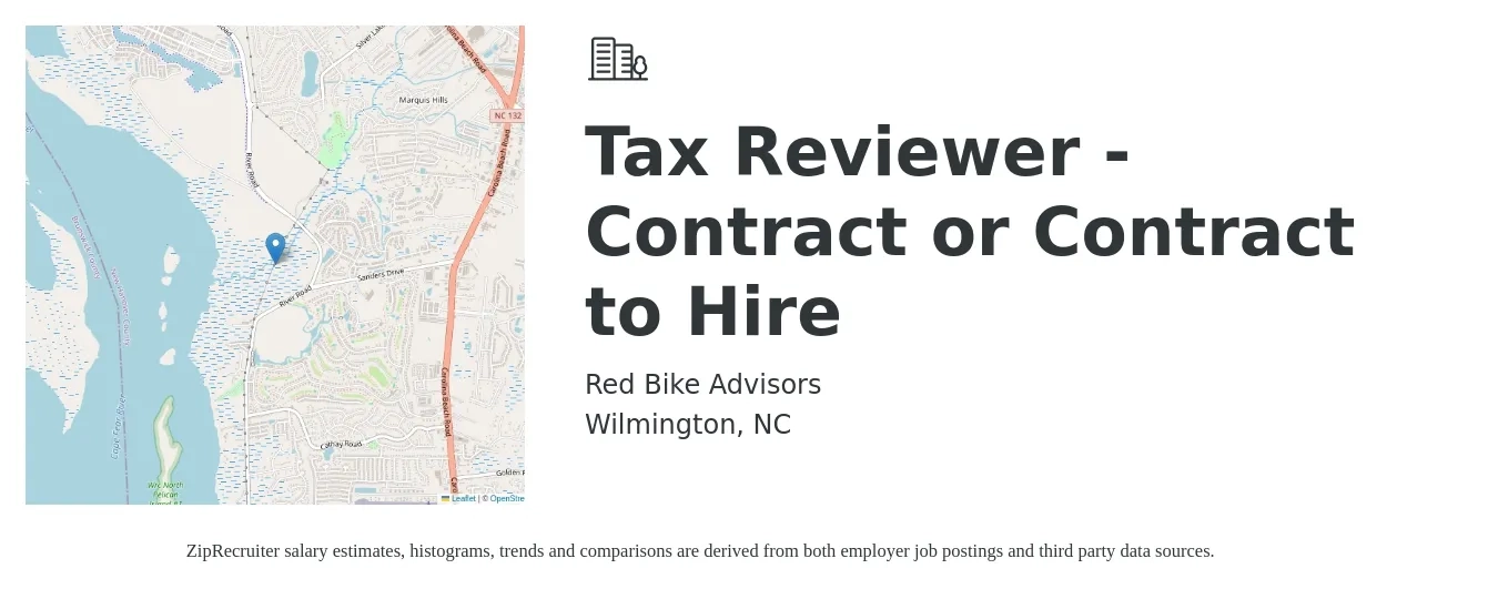 Red Bike Advisors job posting for a Tax Reviewer - Contract or Contract to Hire in Wilmington, NC with a salary of $95,300 to $124,900 Yearly with a map of Wilmington location.