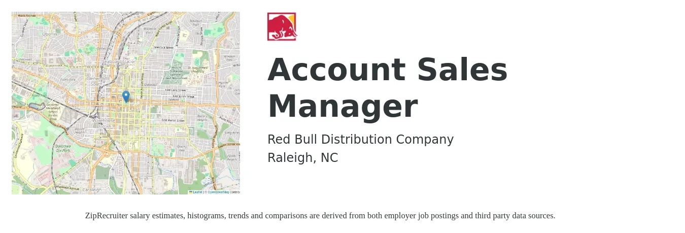 Red Bull Distribution Company job posting for a Account Sales Manager in Raleigh, NC with a salary of $49,100 to $77,800 Yearly with a map of Raleigh location.