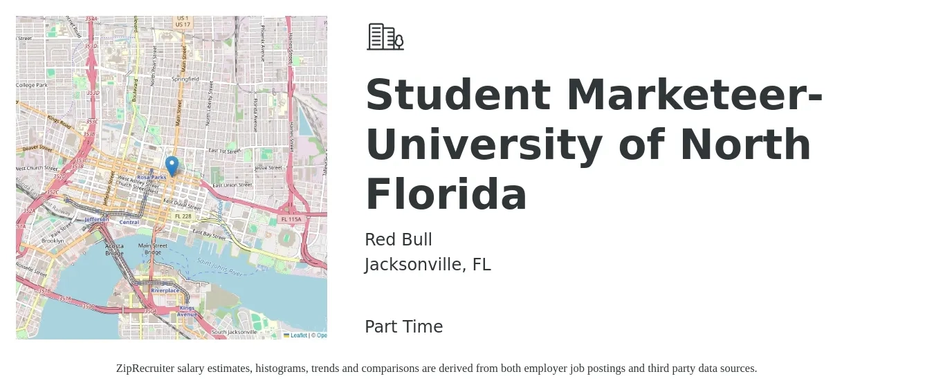 Red Bull job posting for a Student Marketeer- University of North Florida in Jacksonville, FL with a salary of $16 to $22 Hourly with a map of Jacksonville location.