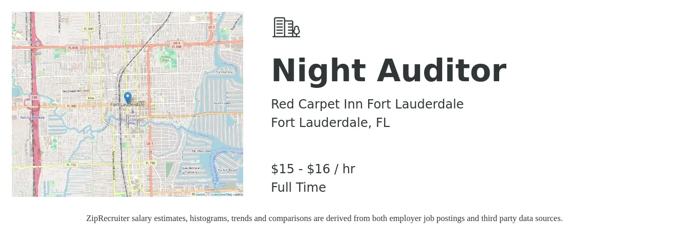 Red Carpet Inn Fort Lauderdale job posting for a Night Auditor in Fort Lauderdale, FL with a salary of $16 to $17 Hourly with a map of Fort Lauderdale location.